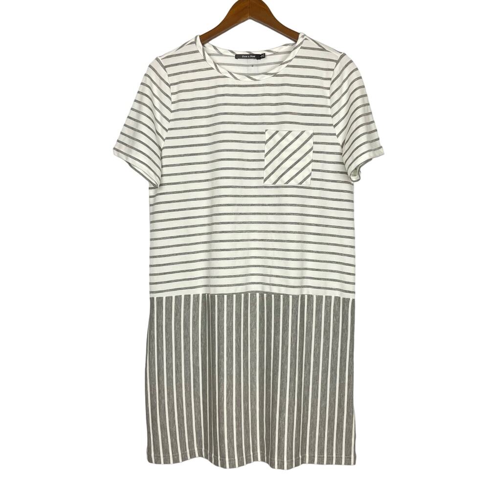 Doe & Rae White Gray Stripe Jersey Knit Soft Casual Comfy Summer Shift Dress
